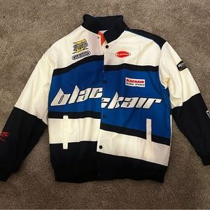 Blue, black, and white race car jacket